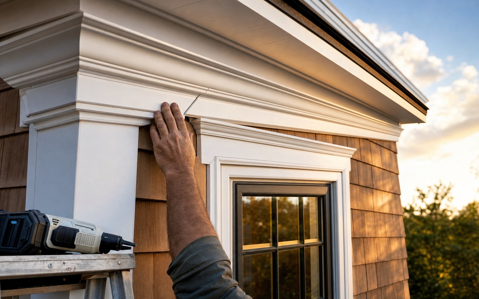 A carpenter's hand pressing a scarf joint in white PVC crown moulding into place under a roofline on a shingle-style home at golden hour, with a trim gun resting on a ladder tray below