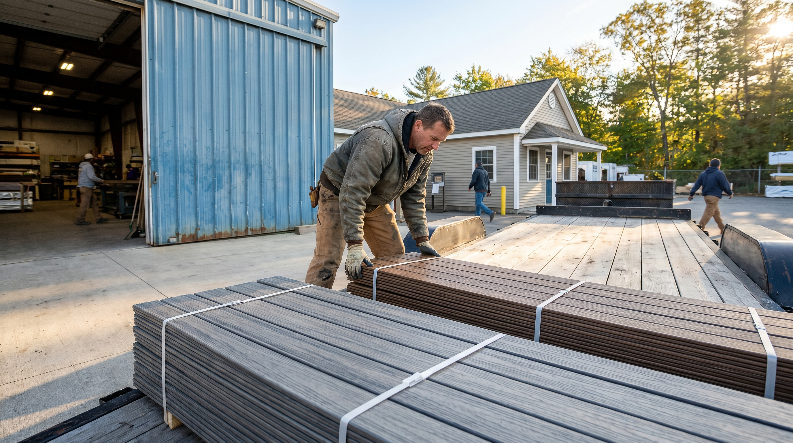 Walnut and grey PVC decking bundles being loaded onto a flatbed at an East Coast wholesale building products dealer yard at golden hour