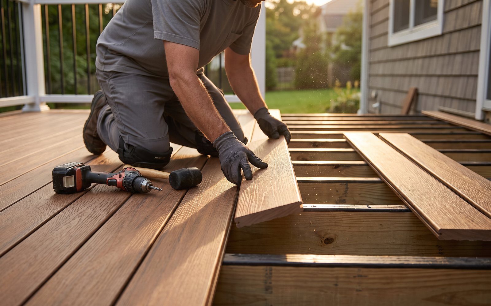 A contractor kneeling on a backyard deck at golden hour, setting a warm walnut wood-grain PVC deck board onto open joists, with a cordless drill and rubber mallet resting on the finished fastener-free deck surface beside him