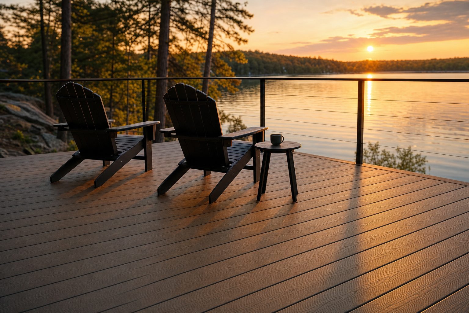 A new American Pro TrueGrain Deck floor in Aged Oak on a New England lake home at golden hour, with a clean fastener-free surface, black cable railing, and two Adirondack chairs facing the water
