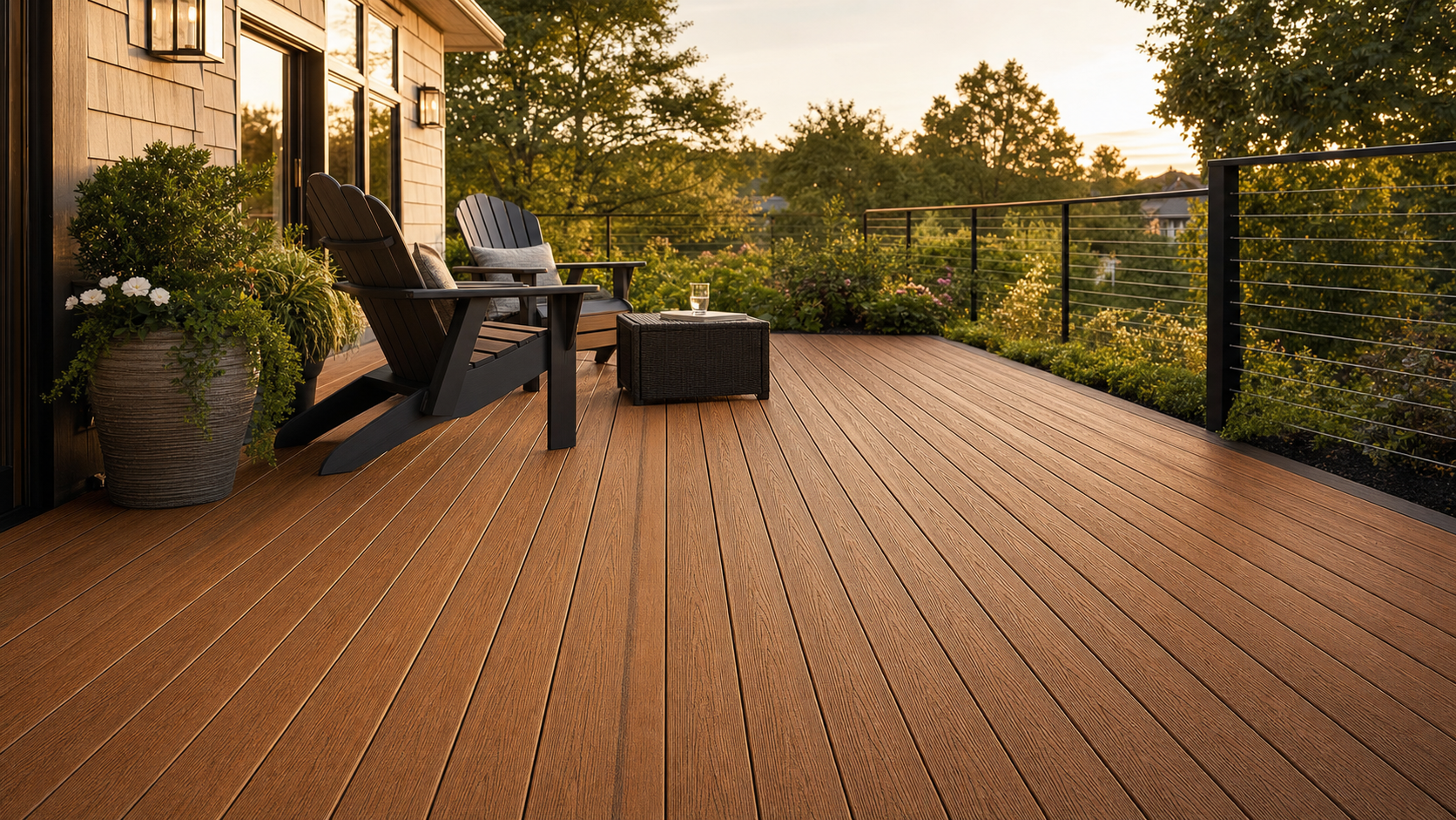 A backyard deck built with American Pro Legacy PVC decking in the rich red-brown Chestnut color at golden hour, with black Adirondack chairs, a black cable railing, and greenery along the edges