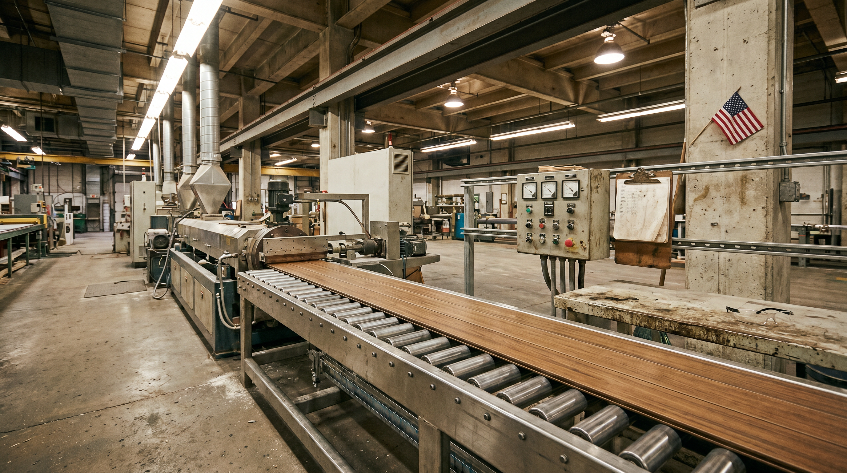 A walnut wood-grain PVC deck board exiting an extrusion die head and traveling along stainless cooling rollers inside an American Pro production line in Linden, New Jersey