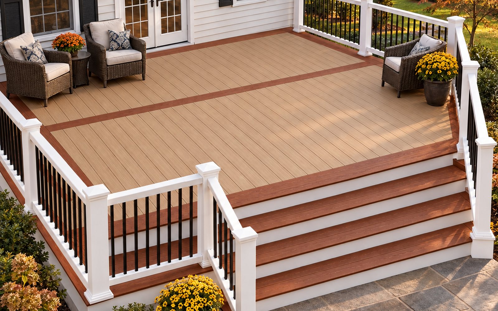 Raised backyard deck with Khaki field boards, a Chestnut picture-frame border with mitered corners, a Chestnut breaker board, and wide stairs with two-board Chestnut treads and white risers