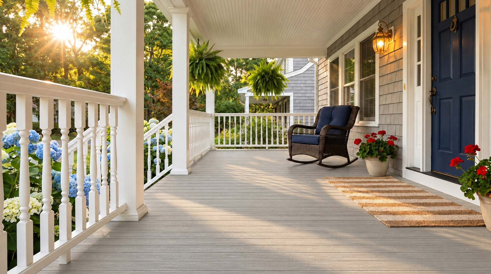 Illustration of a front porch with narrow Driftwood gray tongue-and-groove PVC flooring running perpendicular to the house toward the white railing
