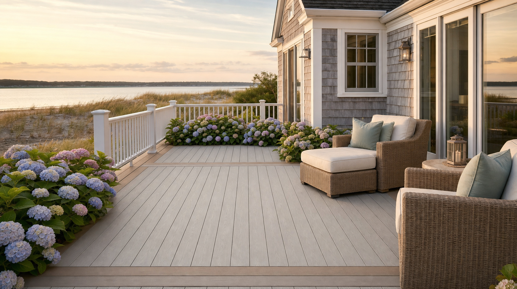 American Pro Legacy PVC decking in a light grey Driftwood field with a warm tan Khaki border on a Cape Cod shingle-style home, with hydrangeas, a white railing, dune grass, and a bay view at golden hour
