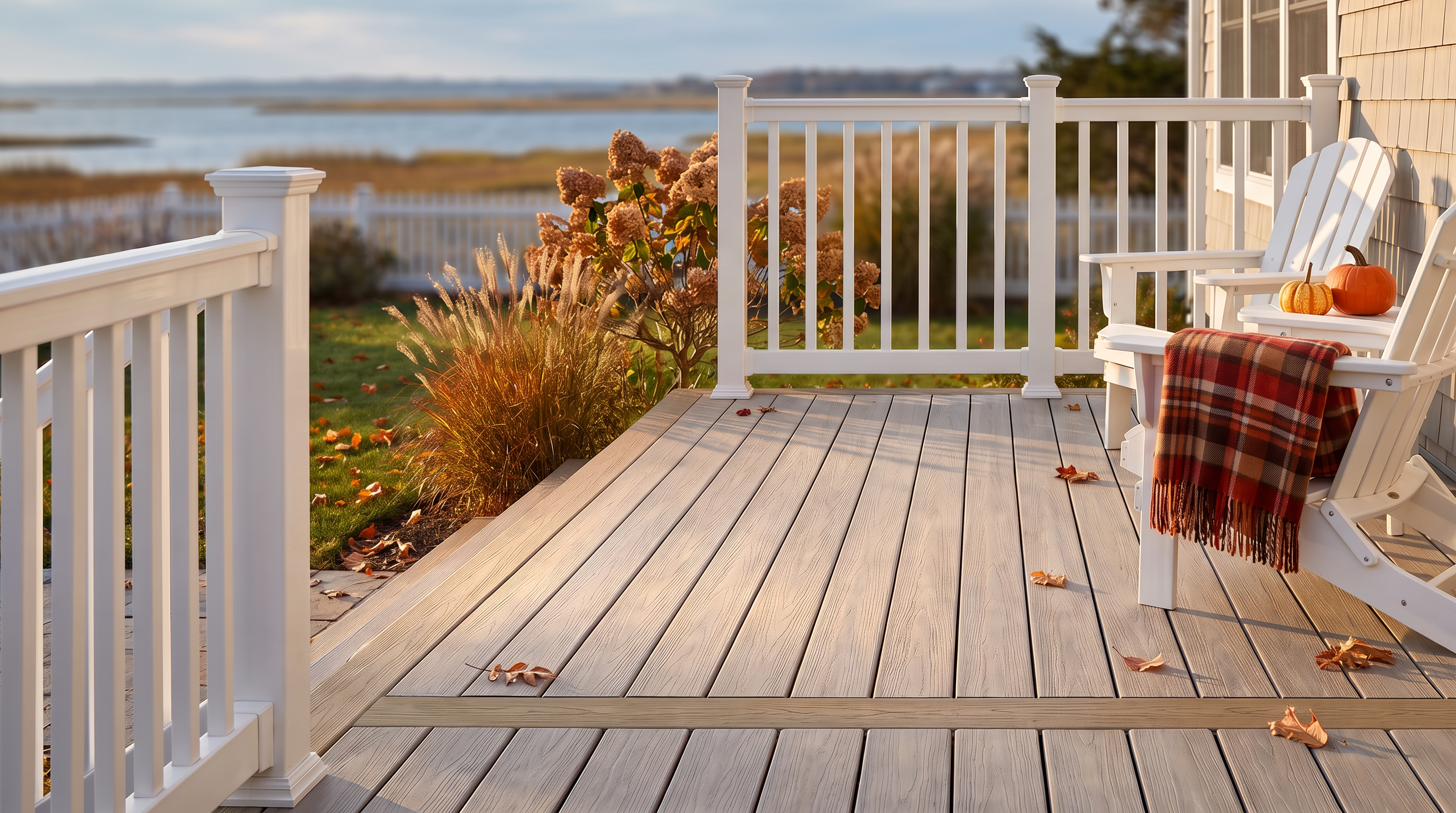 American Pro Legacy PVC decking in a light grey Driftwood field with a warm tan Khaki border on a Cape Cod deck in early autumn, with fallen leaves, an Adirondack chair, a plaid throw, and a bay view at golden hour