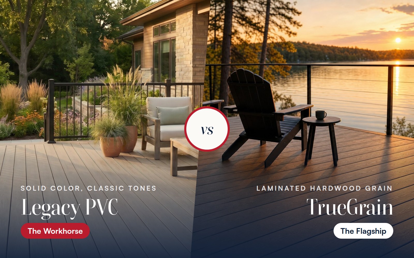 Split image of an American Pro Legacy PVC deck in a light Khaki tone beside a TrueGrain deck at a lakeside sunset, labeled Legacy PVC and TrueGrain