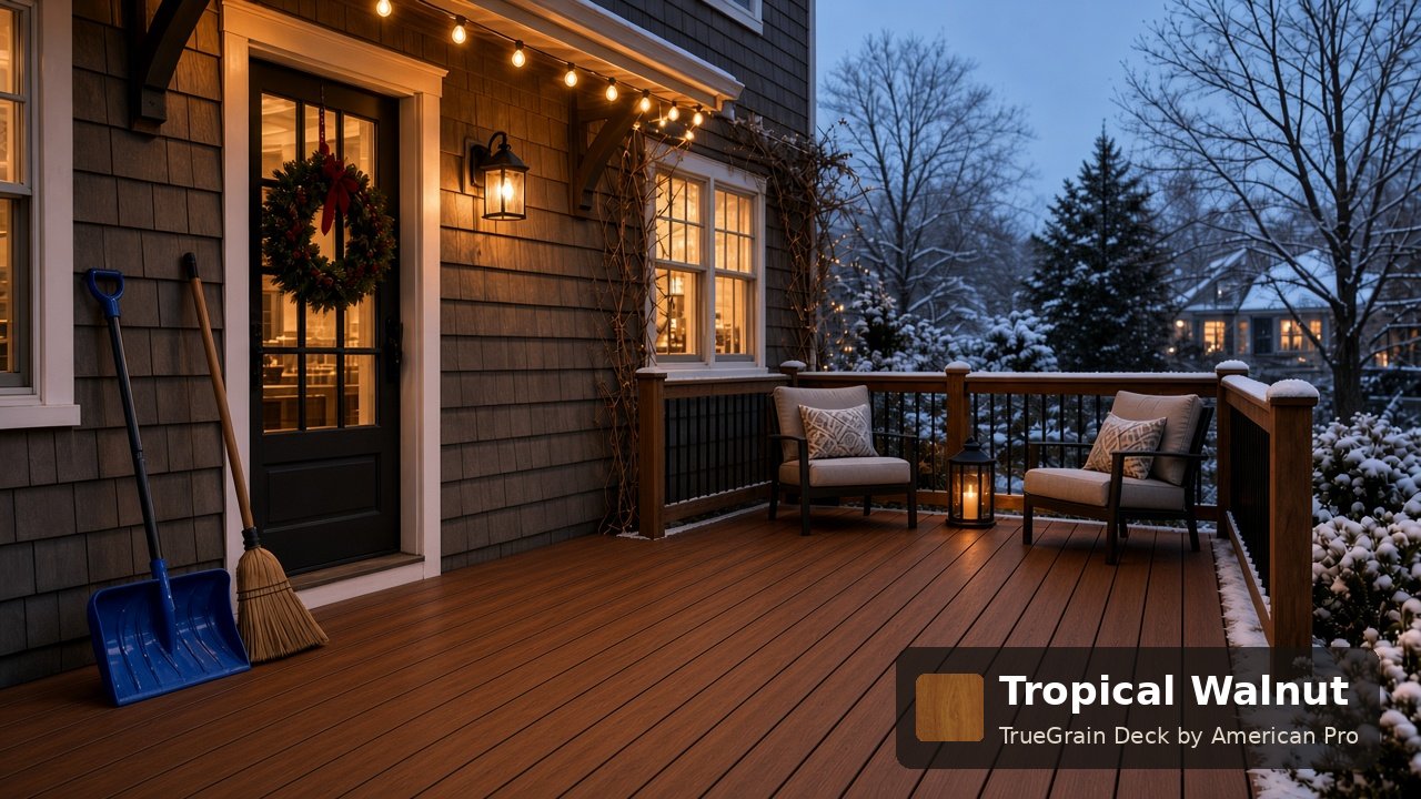 Snow-dusted deck with TrueGrain Tropical Walnut PVC decking, string lights, a wreath on the door, and a plastic shovel and broom ready for winter