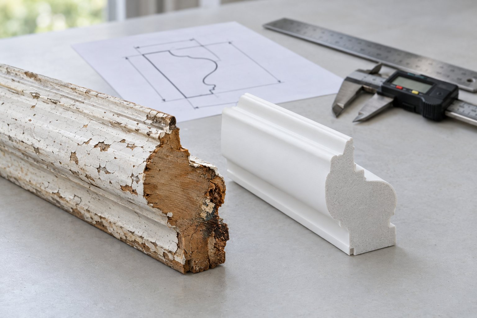 A weathered original wood crown moulding beside a new white cellular PVC moulding extruded to the same profile, with a profile drawing and calipers behind them