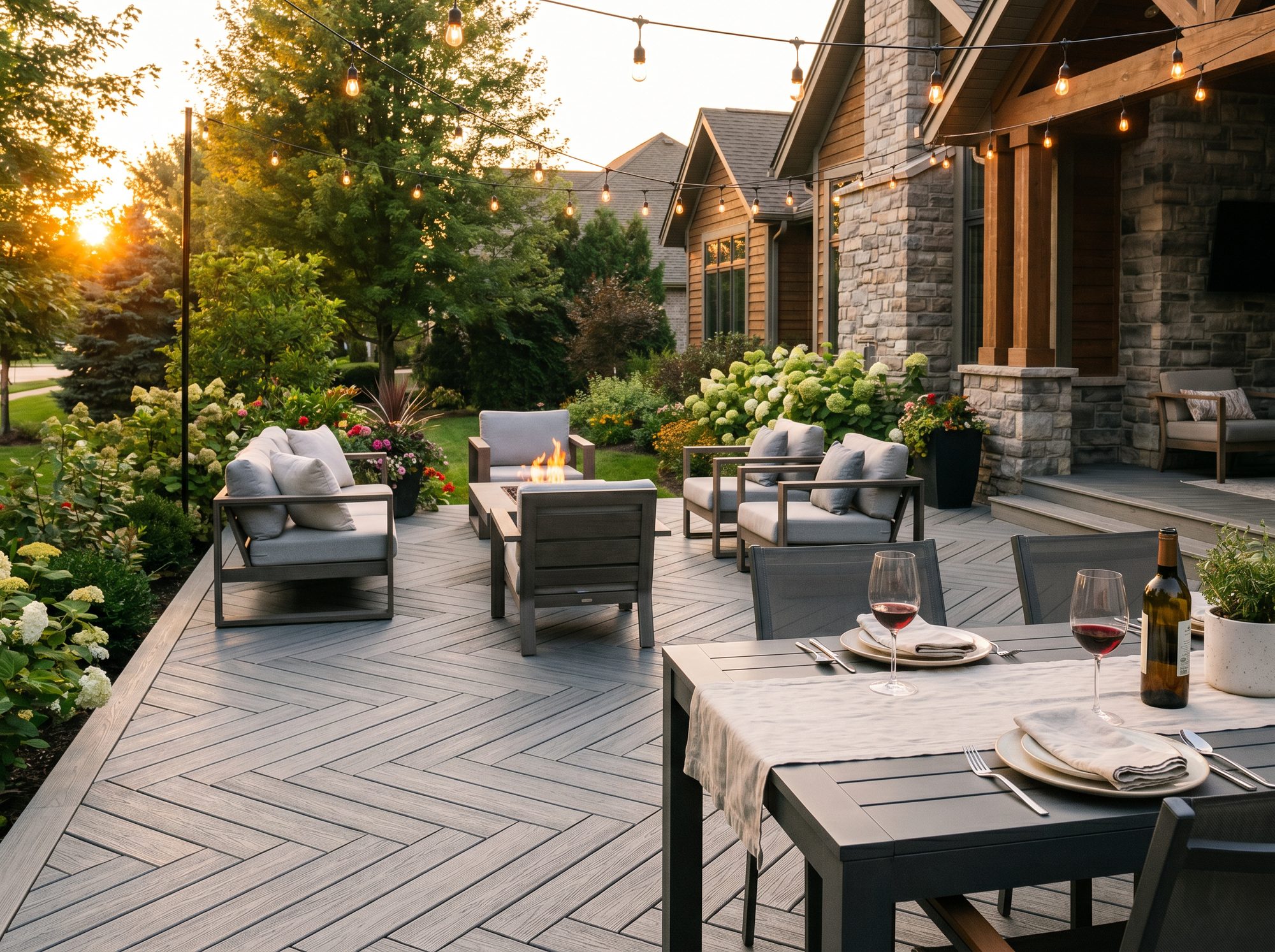 Backyard deck with dining setup at golden hour
