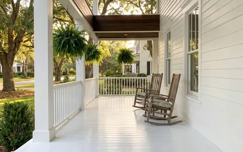 Covered porch with white tongue-and-groove PVC porch flooring
