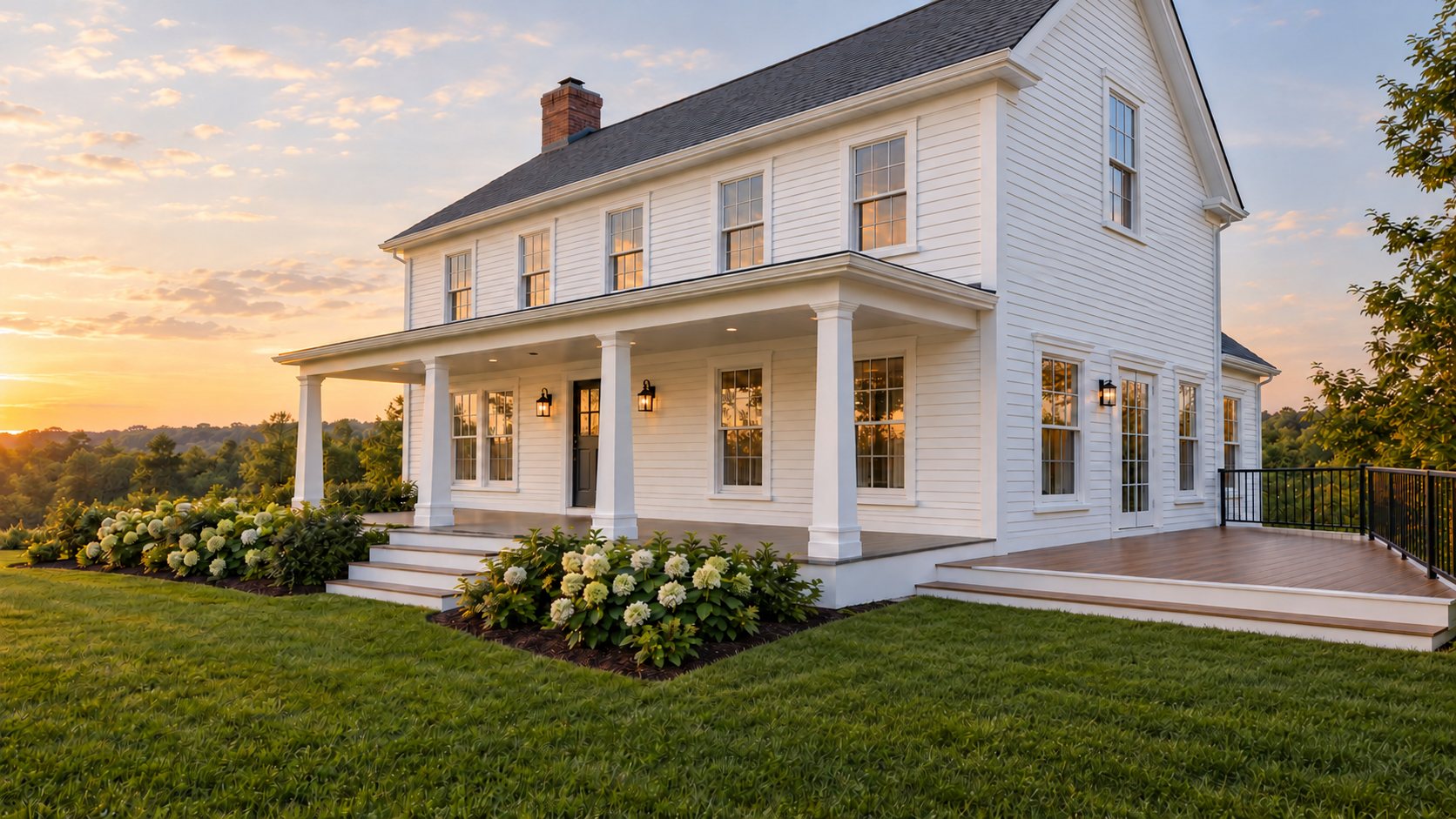 White colonial home with a covered front porch, a large brown PVC deck, and crisp white PVC window trim at sunset. Select a highlighted area to explore that product line.