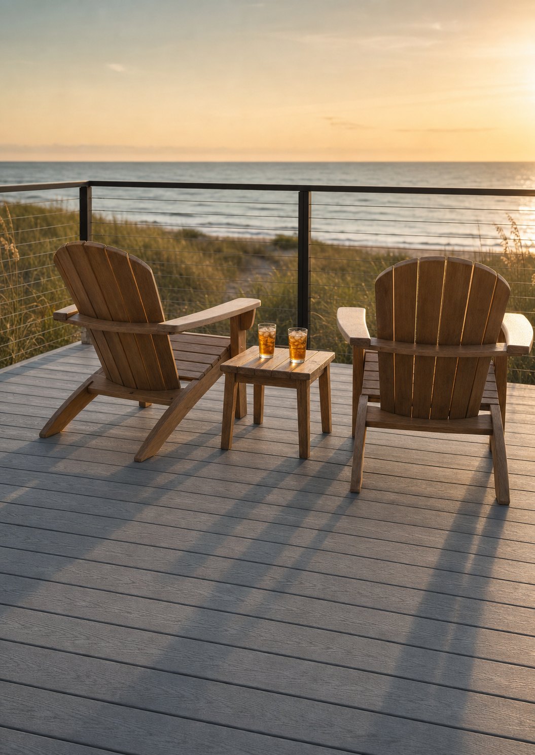 Coastal home with American Pro TrueGrain Coastal Driftwood decking, weathered cedar shingles, and sea-grass landscaping