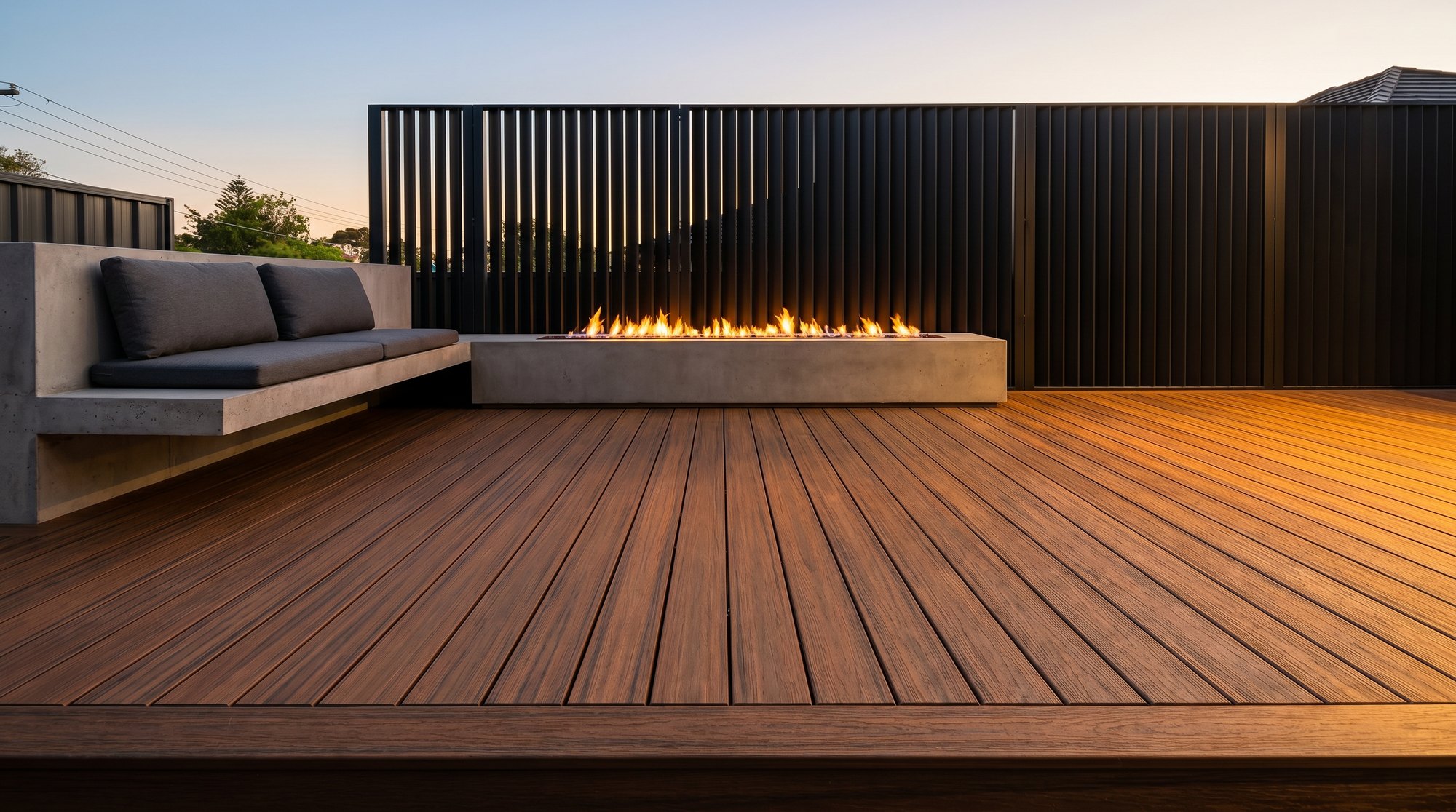 Modern deck with rich Chestnut PVC decking, linear gas fire feature, and architectural lighting