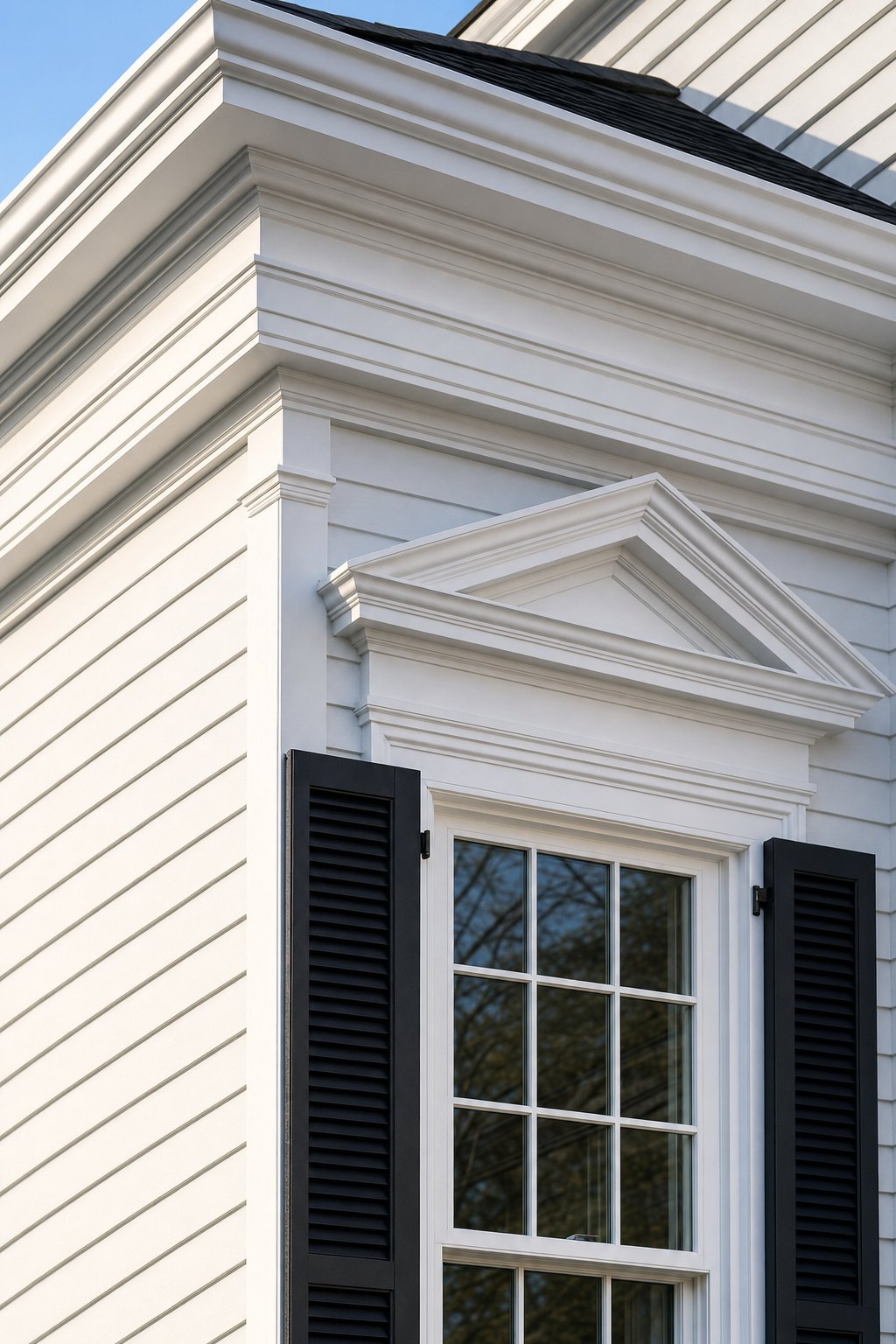 Detail of crisp white American Pro PVC architectural moulding profile against a clean wall