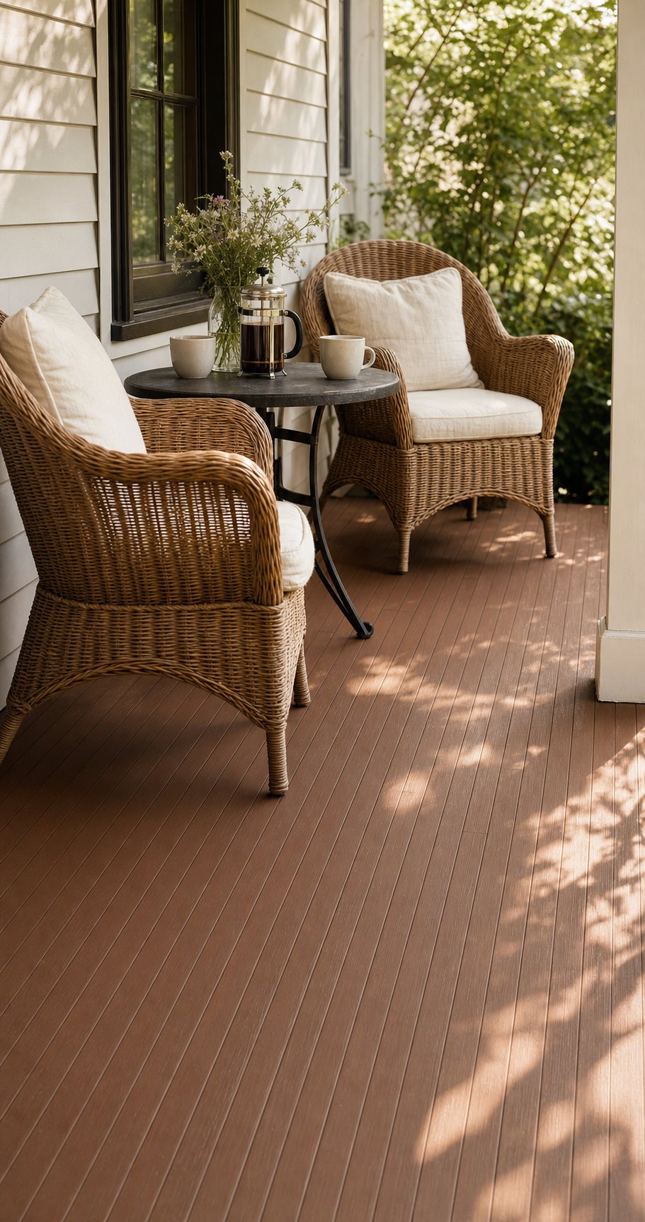 Front porch with narrow American Pro Tuscany terracotta porch flooring, white columns, and rocking chairs