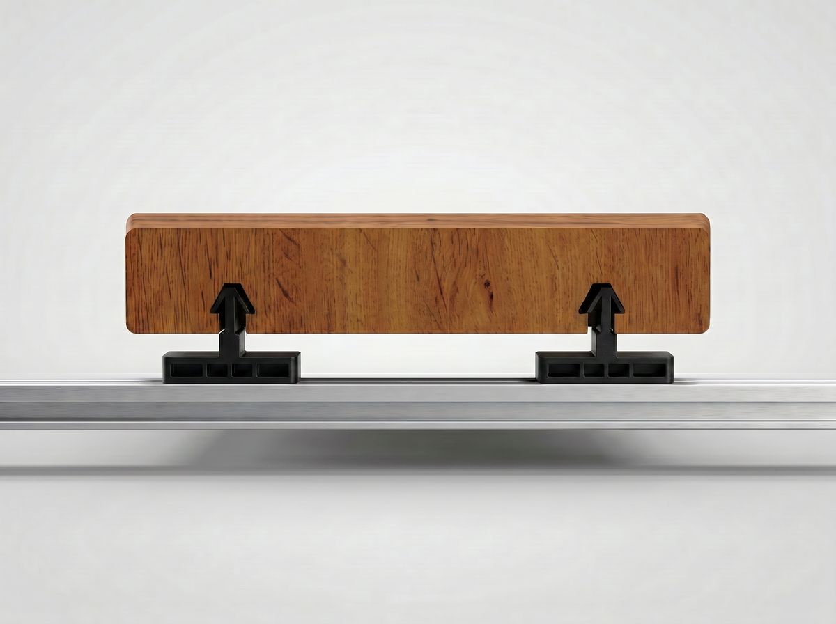 Walnut PVC deck board hovering above two InvisiClip hidden fasteners on an aluminum rail, grooves aligned with the clips