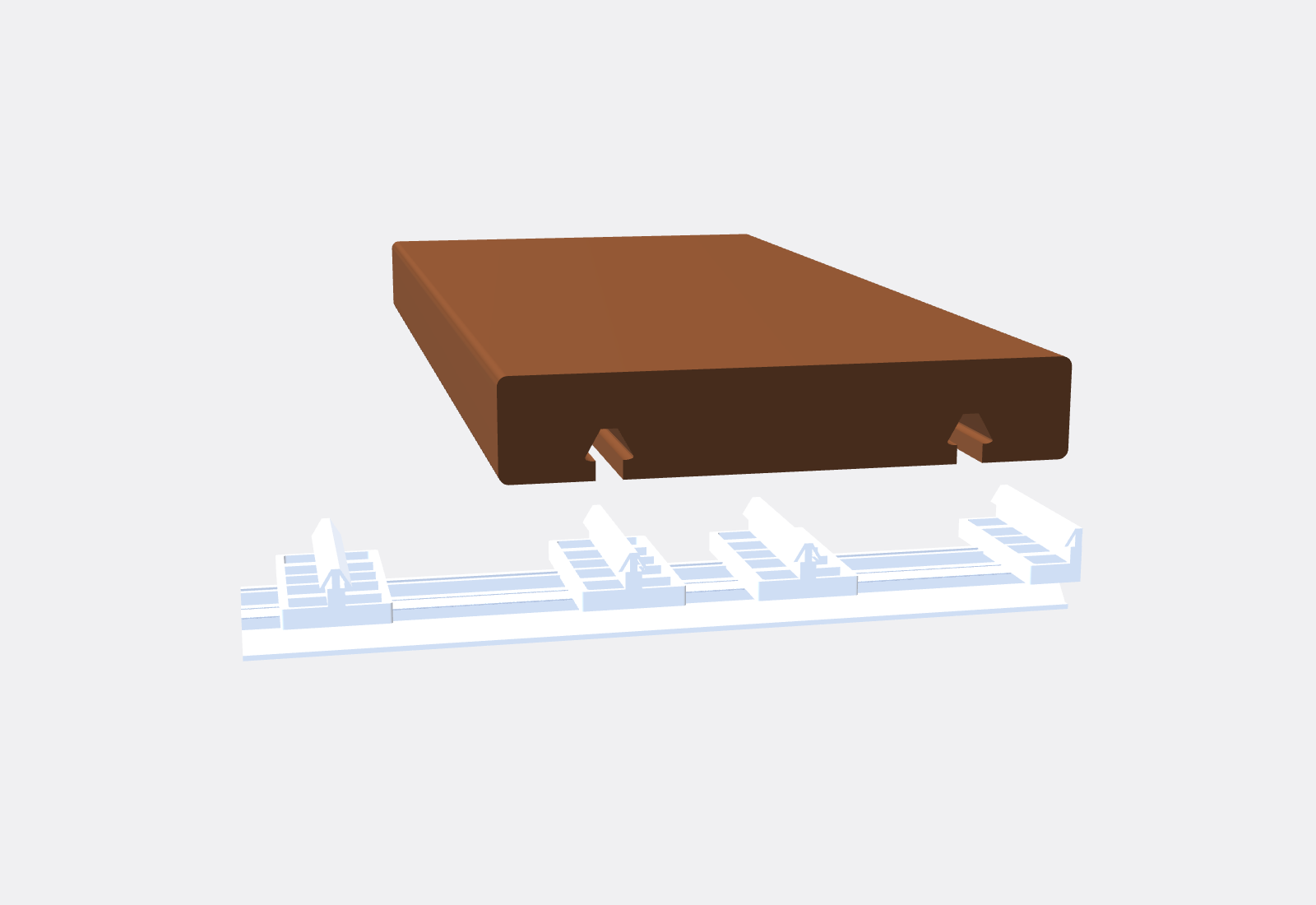 Exploded CAD render showing a deck board with two chevron pockets cut into its underside, floating above an aluminum InvisiClip™ rail with four chevron clips installed and ready to engage as the board lowers