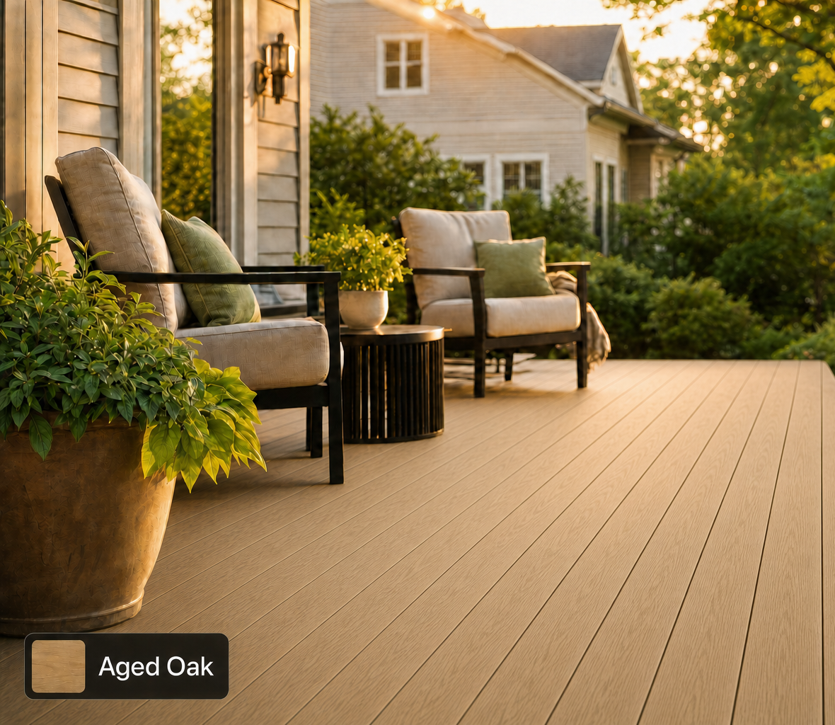 A finished backyard deck built with American Pro TrueGrain decking in the Aged Oak color, showing a clean fastener-free surface with no visible screws, warm golden-hour light, and patio furniture