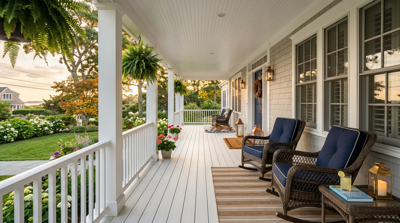 Classic American front porch with American Pro PVC porch flooring at golden hour