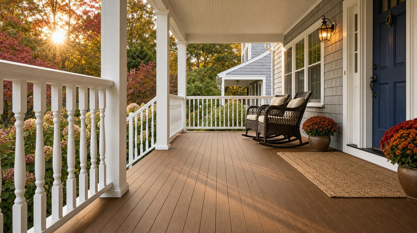 Chestnut American Pro tongue-and-groove PVC porch flooring on a Hudson Valley New York farmhouse porch in autumn