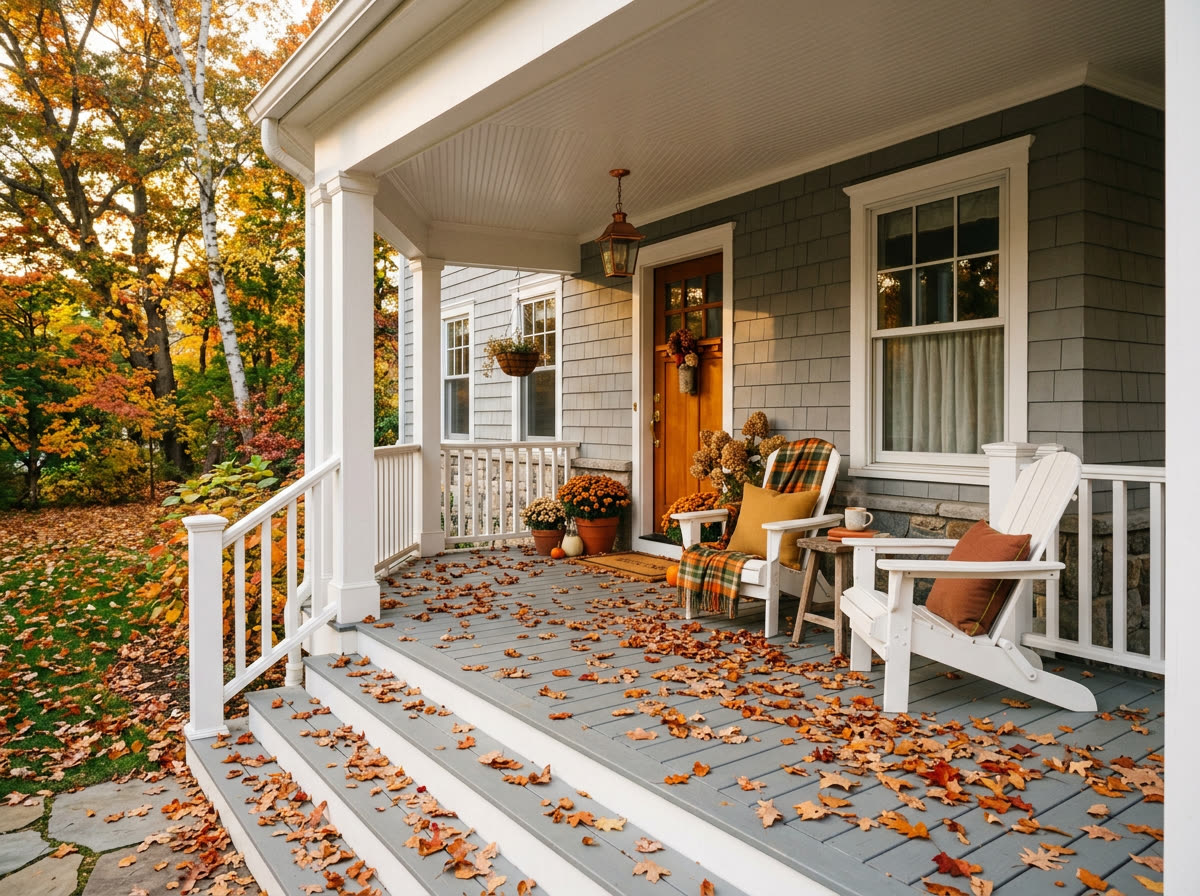 American Pro porch flooring on an autumn front porch