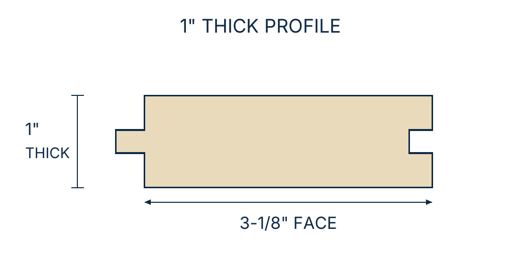 Cross-section drawing of American Pro 1 inch nominal (7/8 inch actual) thick tongue-and-groove PVC porch flooring with a 3-1/8 inch face