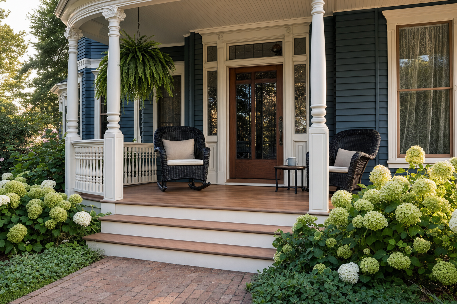 Restored 1908 Queen Anne Victorian front porch with new American Pro Tuscany cellular PVC tongue-and-groove flooring, white turned-spindle railing, hanging fern, and hydrangeas at golden hour