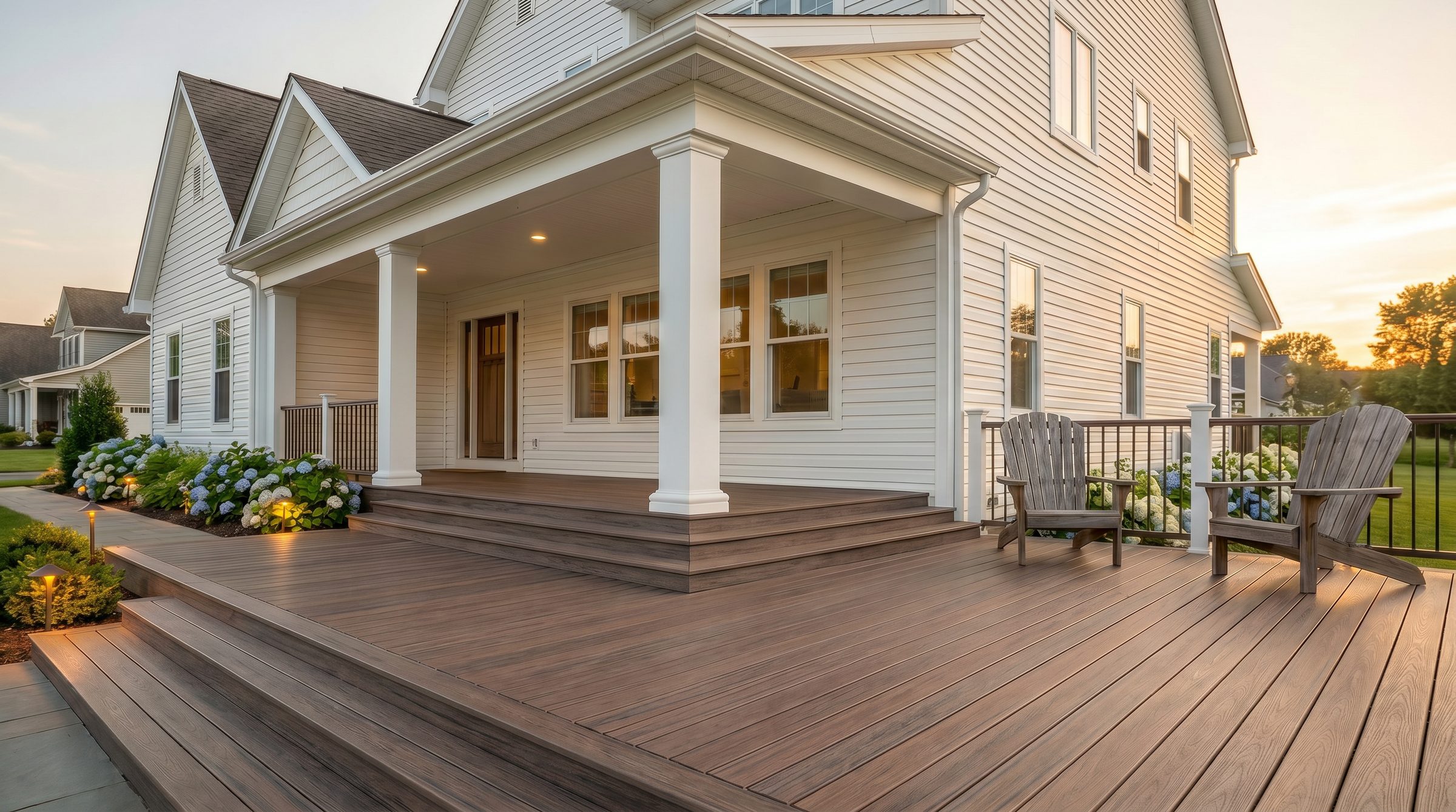 Craftsman home with a TrueGrain Deck in Embered Taupe and covered porch at golden hour, hydrangeas and Adirondack chairs