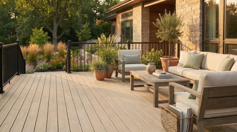 American Pro Legacy PVC Decking in Khaki on a finished backyard deck