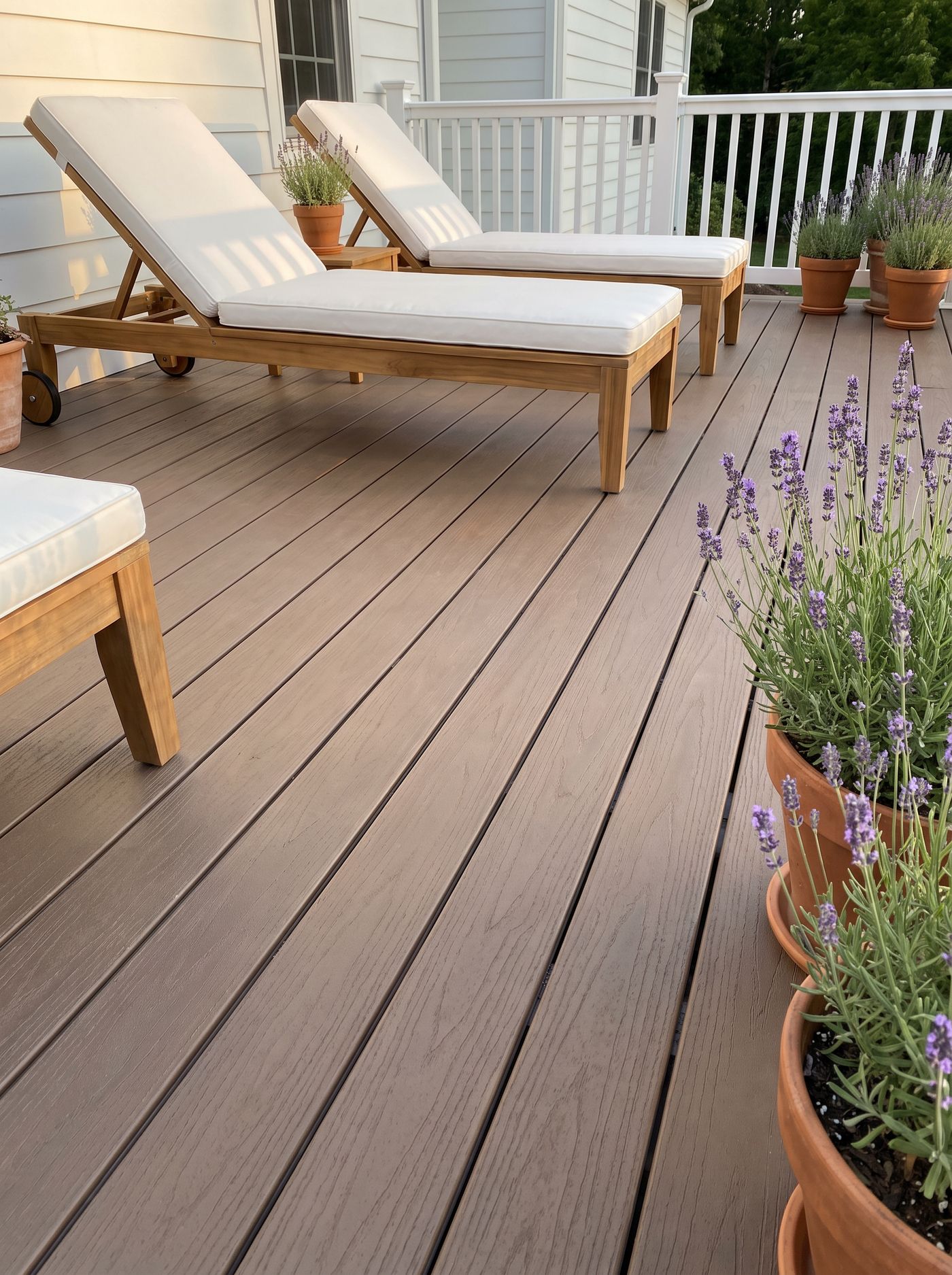 Hazelnut Legacy PVC decking on a patio deck with lounge chairs and lavender planters