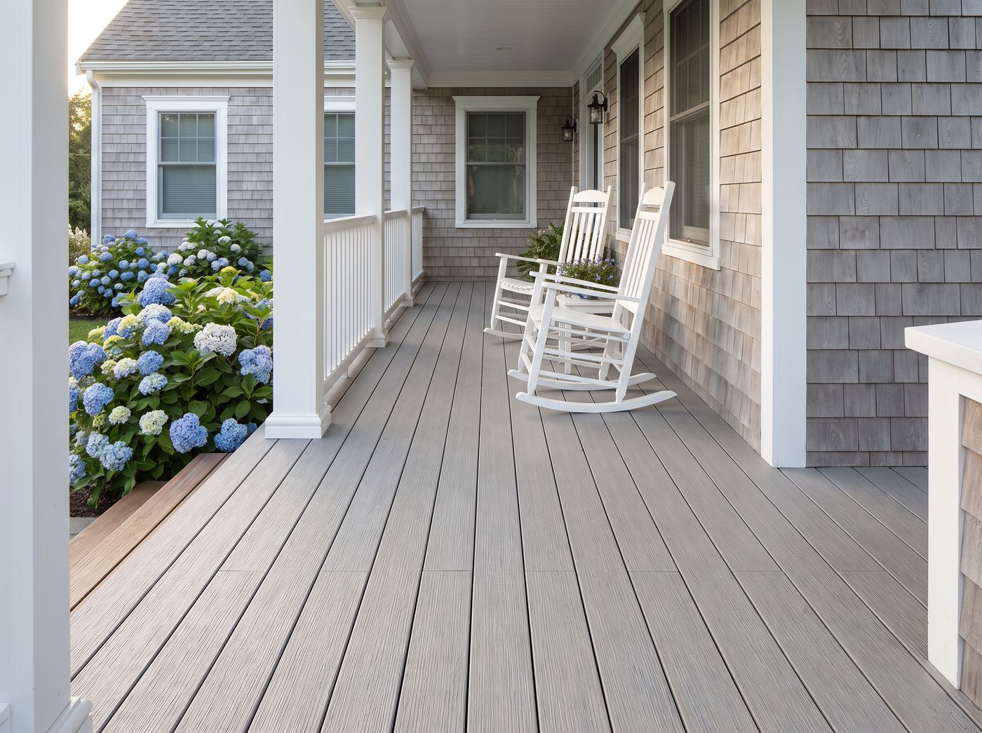 Driftwood PVC tongue and groove porch flooring on a Cape Cod covered front porch with rocking chairs
