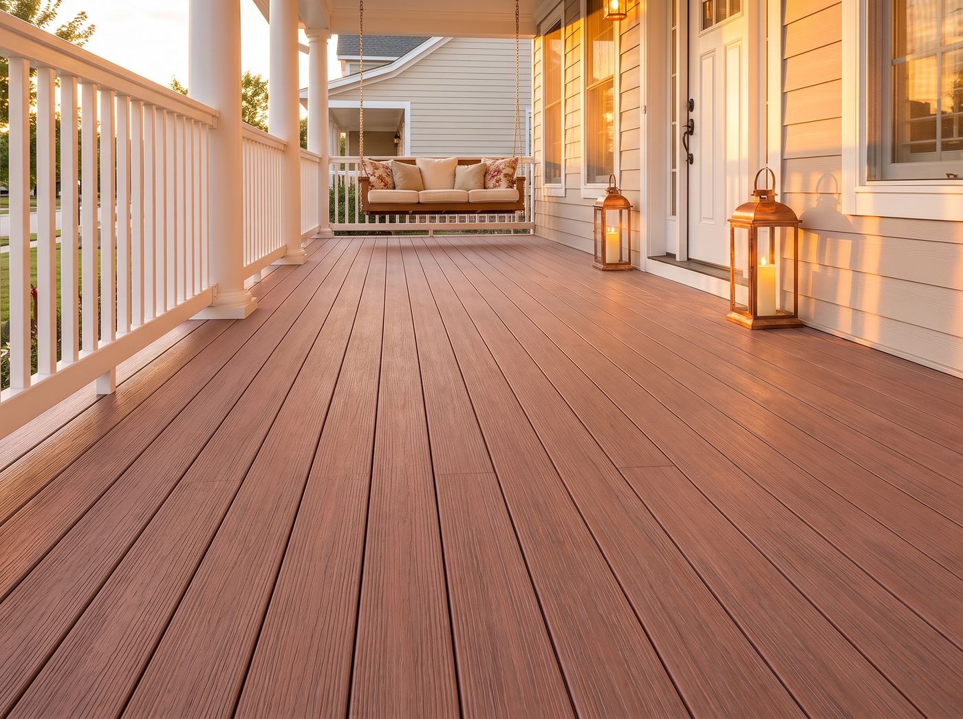 Redwood PVC tongue and groove porch flooring on a seaside cottage porch at sunset