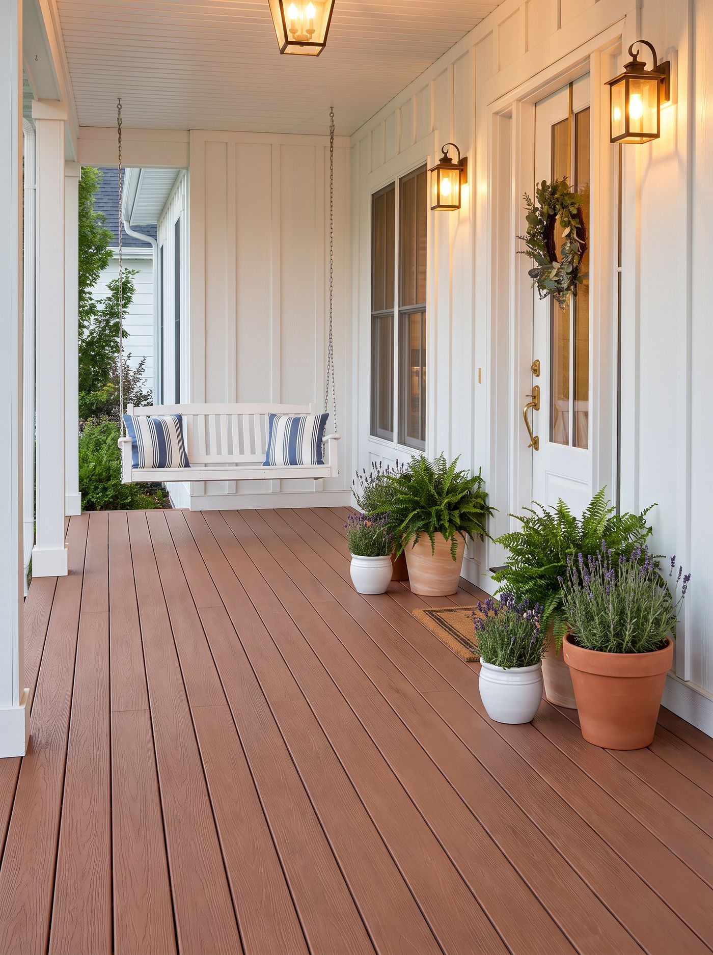 Tuscany PVC tongue and groove porch flooring on a farmhouse front porch with a porch swing