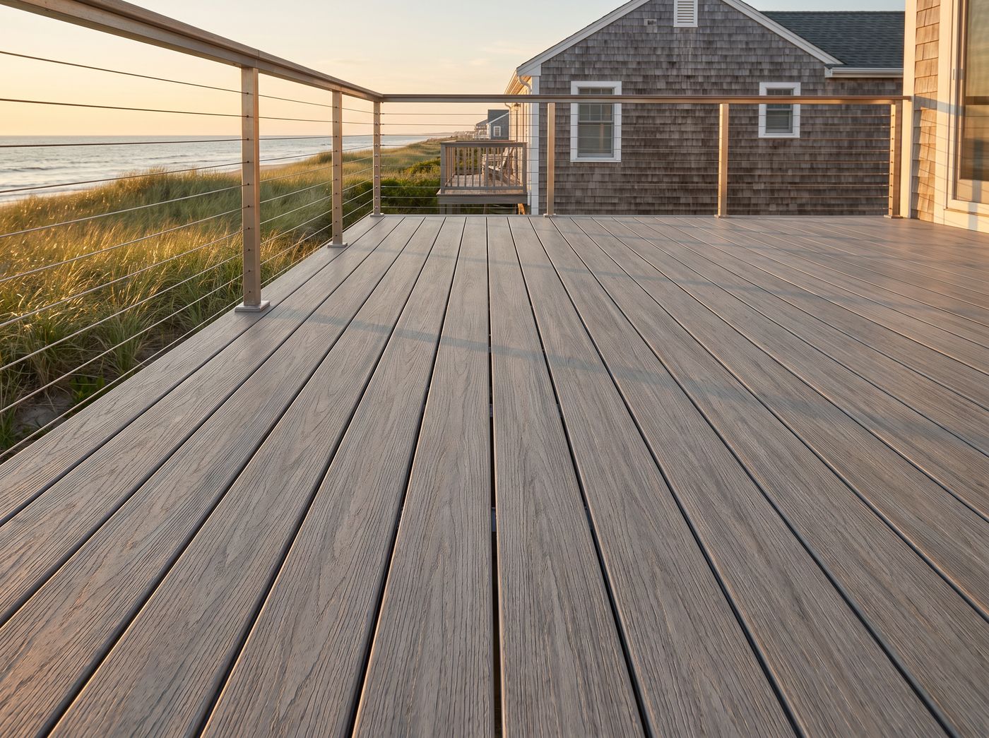 Coastal Driftwood TrueGrain PVC decking on an oceanfront beach house deck with dune grass