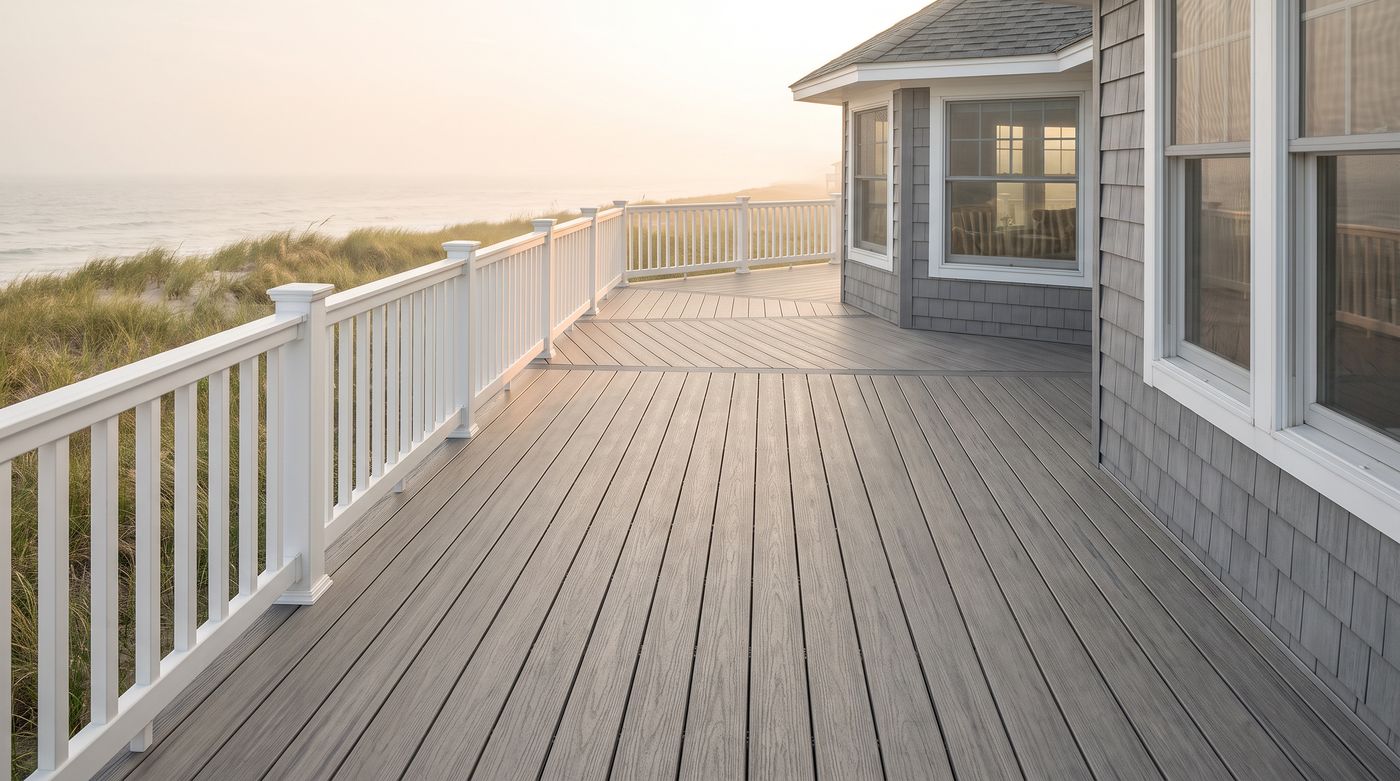 Coastal Driftwood TrueGrain PVC decking on an oceanfront wraparound deck with white railing