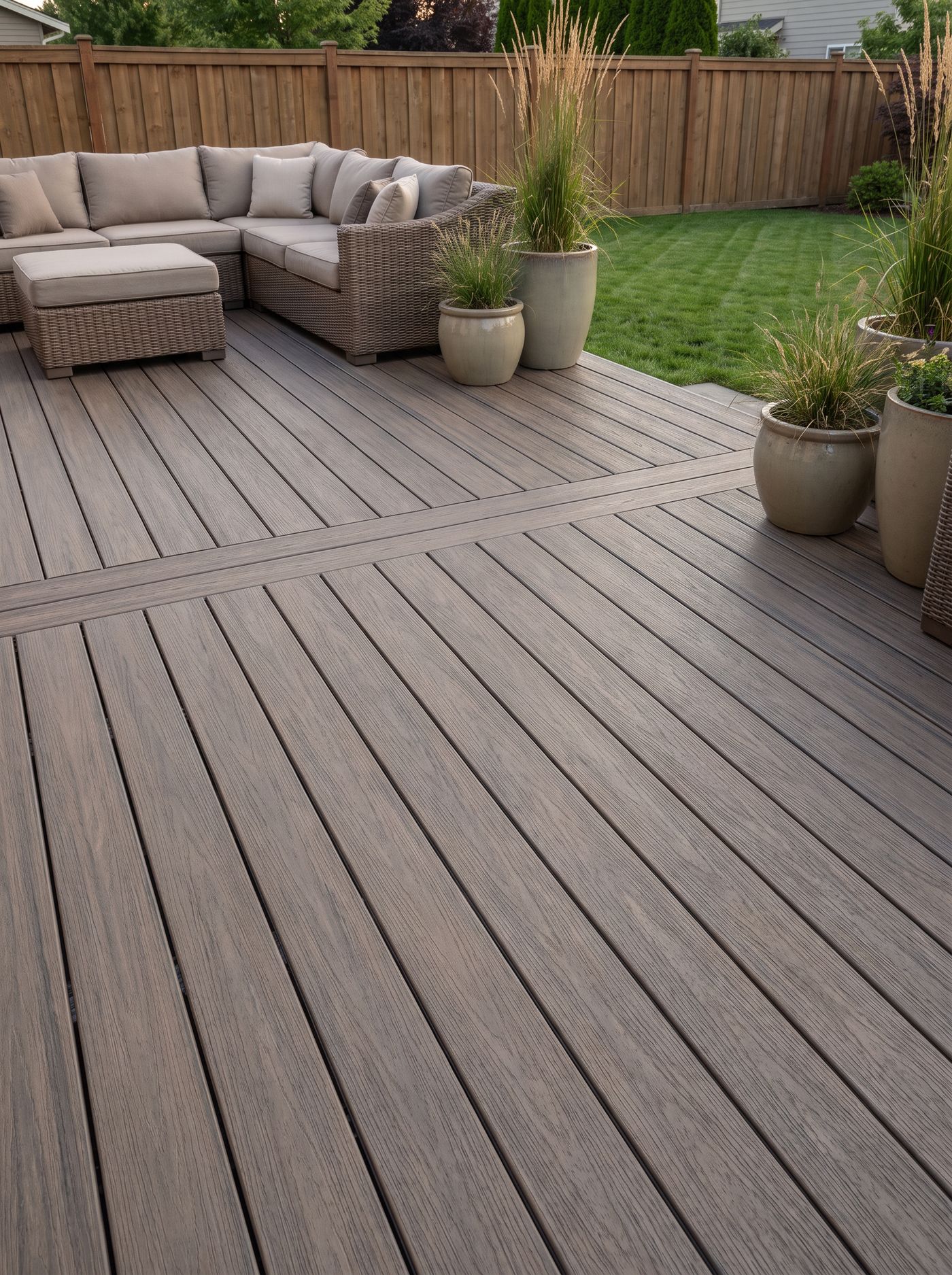 Embered Taupe TrueGrain PVC decking on a suburban backyard deck with planters