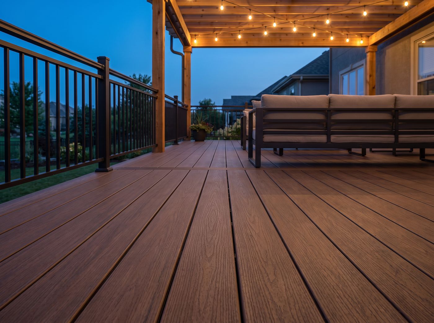 Royal IPE TrueGrain PVC decking on an upscale backyard deck at golden hour with string lights
