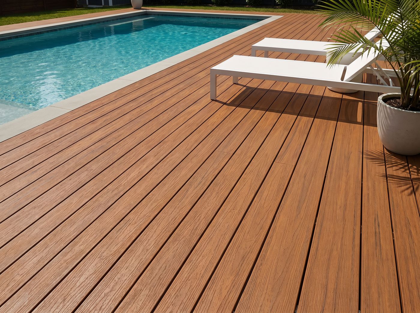 Tropical Walnut TrueGrain PVC decking on a modern poolside deck in full sun